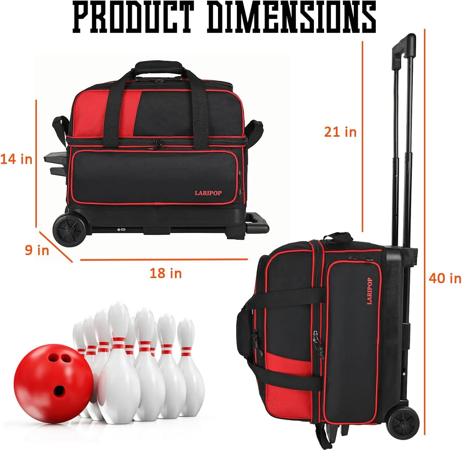 Dual Roller 2-Ball Bowling Bag, Featuring a Separate Large Shoe Compartment Capable, a 3-Section Telescopic Handle that Extends Up to 40"