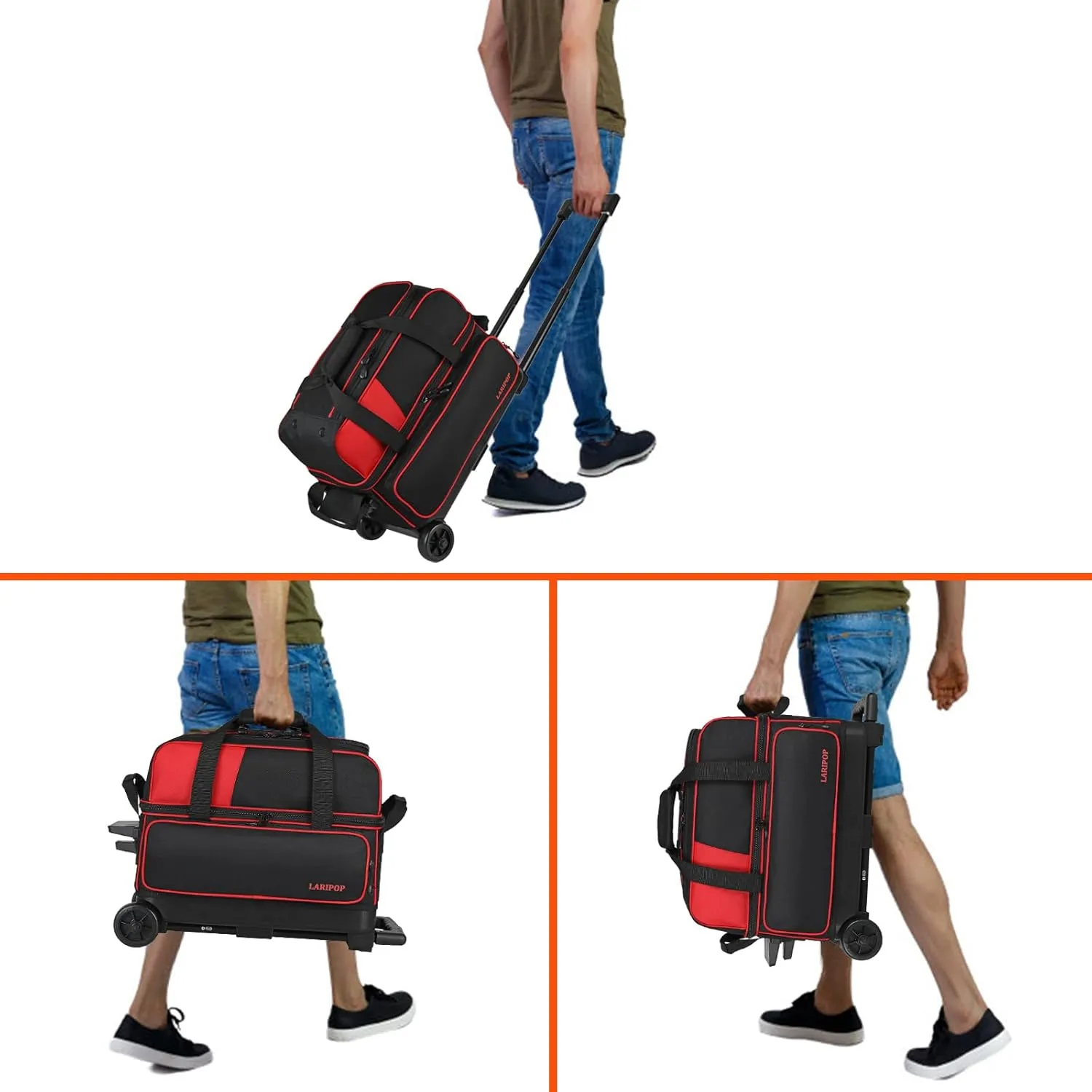Dual Roller 2-Ball Bowling Bag, Featuring a Separate Large Shoe Compartment Capable, a 3-Section Telescopic Handle that Extends Up to 40"