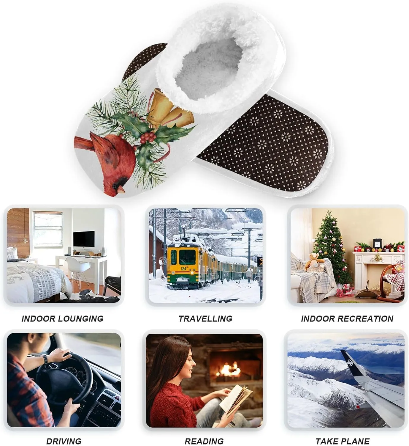 Dussdil Christmas Cardinal Winter Home Winter Slippers Bird Bells Berry Spruce Spa Travel House Slipper Soft Memory Foam Slipper Non Slip for Women Men Hotel Bedroom Shoes Slippers M