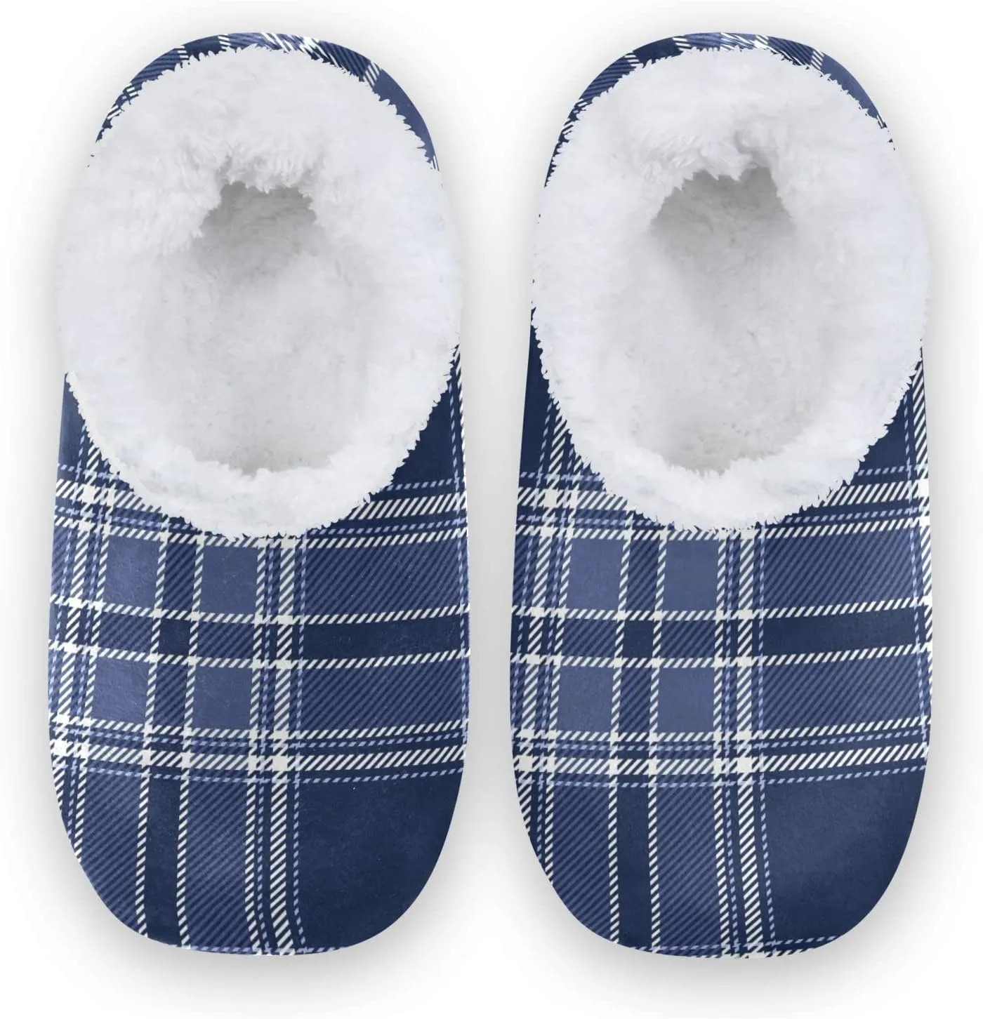Dussdil Indigo Blue Tartan Plaid Spa Winter Slippers Home Travel House Slipper Soft Memory Foam Slipper Non Slip for Women Men Hotel Bedroom Shoes Slippers M