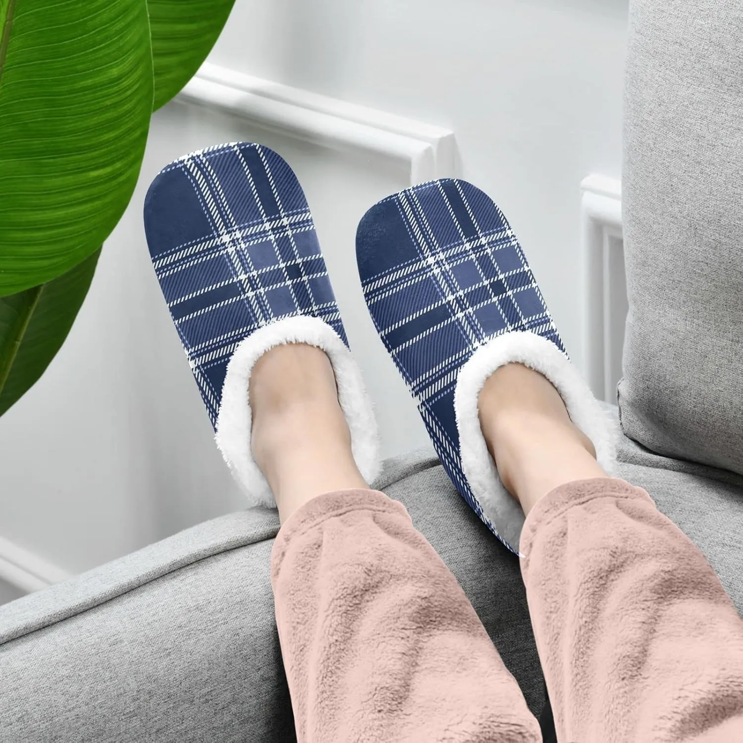 Dussdil Indigo Blue Tartan Plaid Spa Winter Slippers Home Travel House Slipper Soft Memory Foam Slipper Non Slip for Women Men Hotel Bedroom Shoes Slippers M
