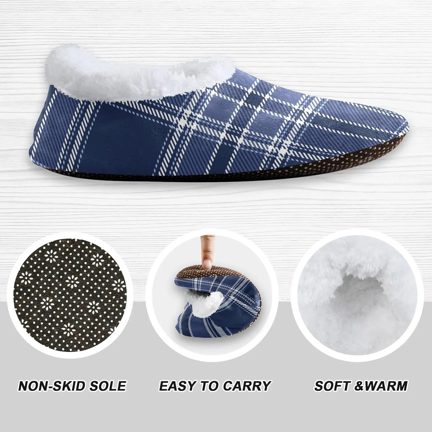 Dussdil Indigo Blue Tartan Plaid Spa Winter Slippers Home Travel House Slipper Soft Memory Foam Slipper Non Slip for Women Men Hotel Bedroom Shoes Slippers M