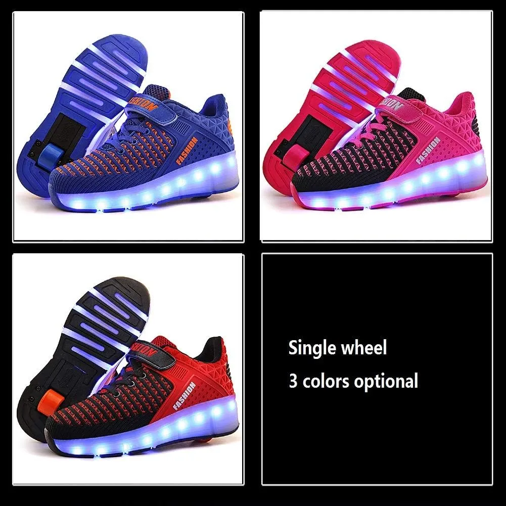 Ehauuo Kids Single Wheels Shoes with Lights Rechargeable Roller Skates Retractable LED Flashing Sneakers Wheels Shoes for Unisex Girls Boys Beginners Gift