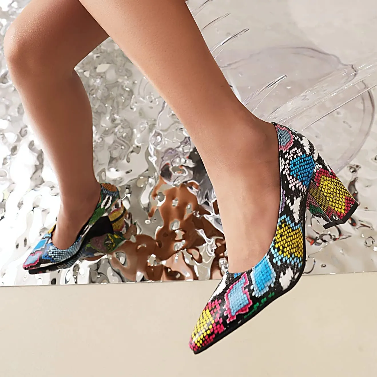 Elbslutt Women's Snake Print Pointed Toe Block Heels Pumps Slip On Chunky High Heels Closed Toe Dress Shoes