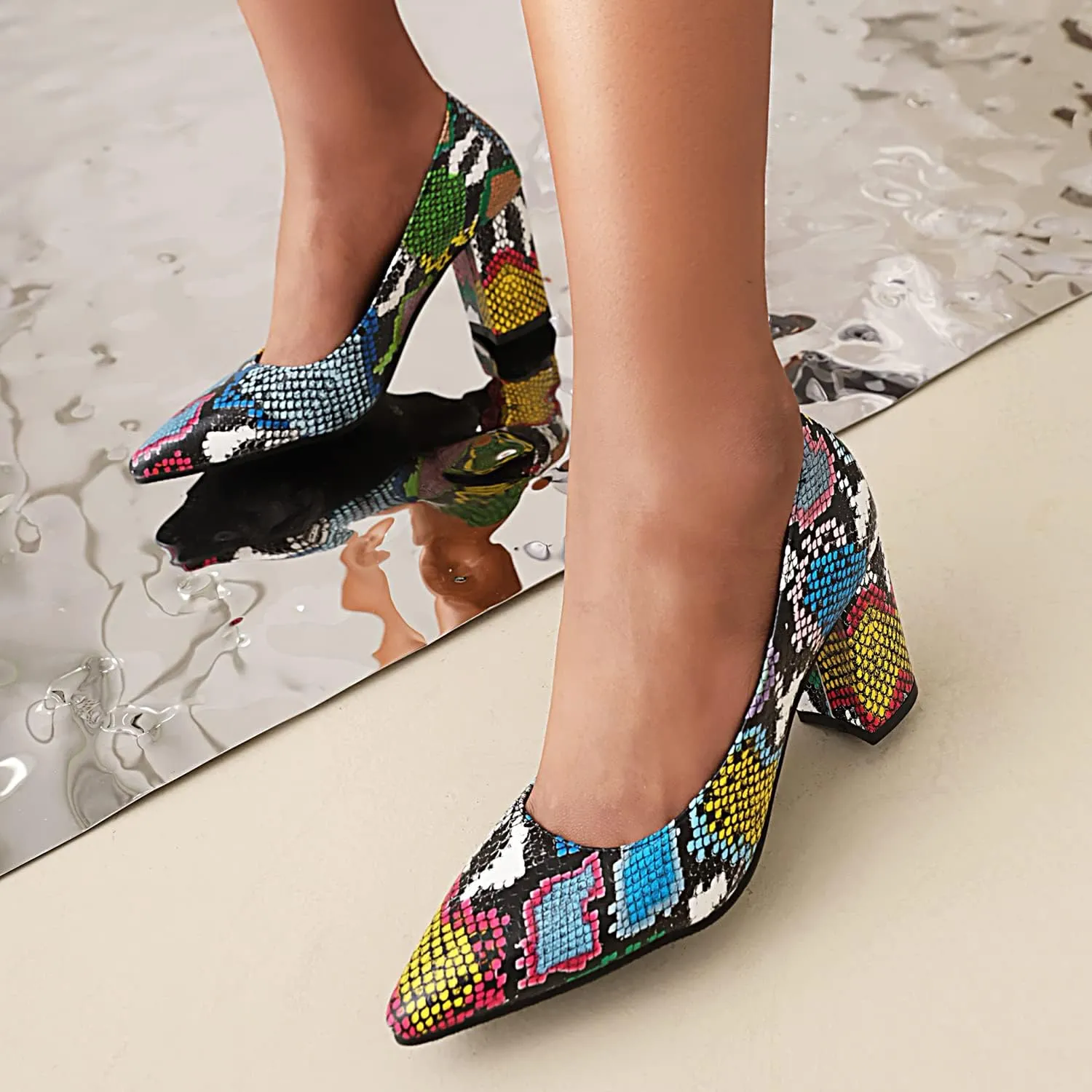 Elbslutt Women's Snake Print Pointed Toe Block Heels Pumps Slip On Chunky High Heels Closed Toe Dress Shoes