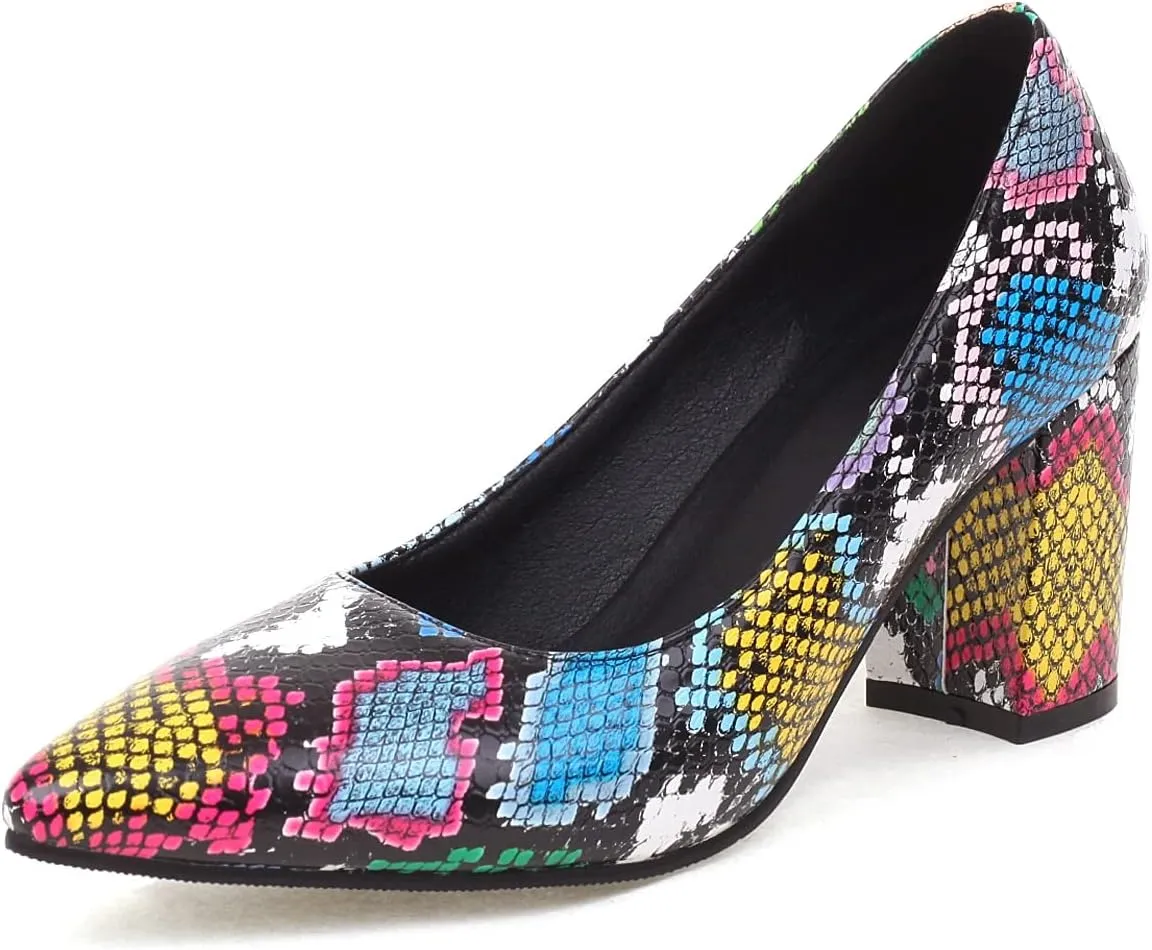 Elbslutt Women's Snake Print Pointed Toe Block Heels Pumps Slip On Chunky High Heels Closed Toe Dress Shoes