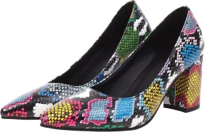 Elbslutt Women's Snake Print Pointed Toe Block Heels Pumps Slip On Chunky High Heels Closed Toe Dress Shoes
