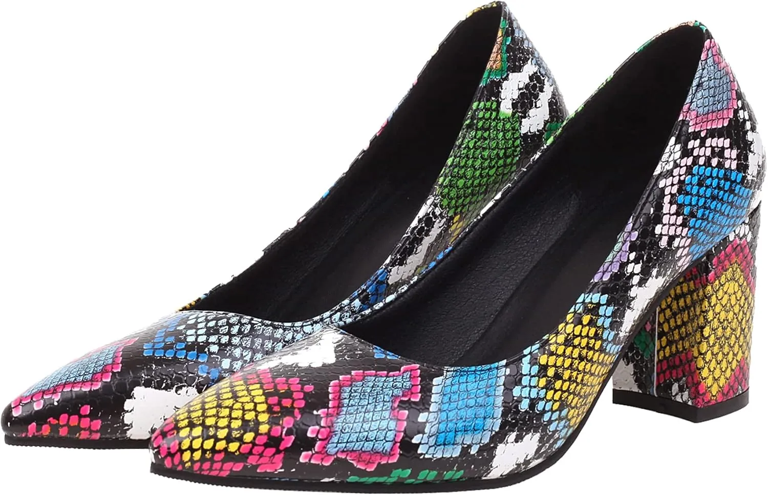 Elbslutt Women's Snake Print Pointed Toe Block Heels Pumps Slip On Chunky High Heels Closed Toe Dress Shoes