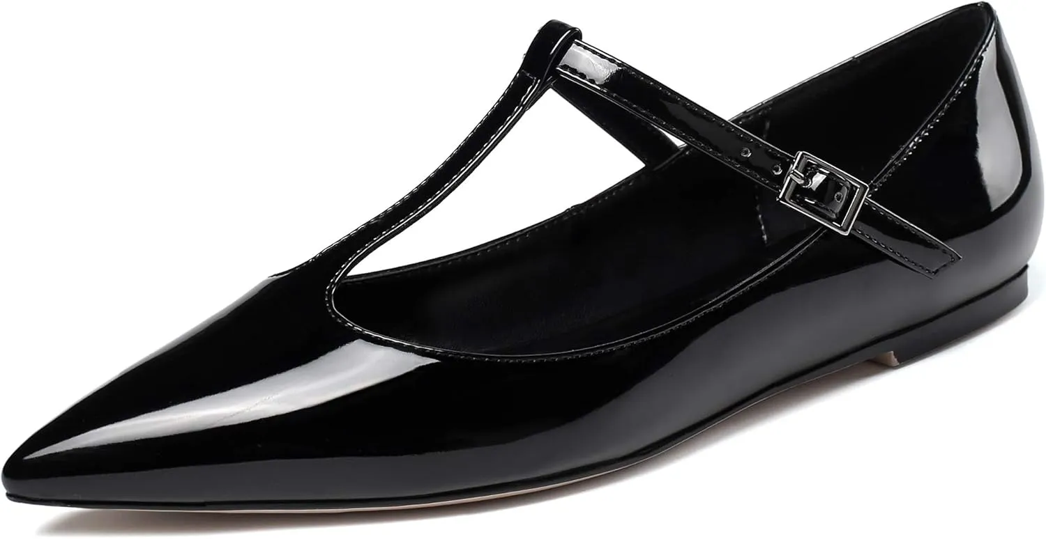 Eldof Women's Pointed Flat Pumps, T-Strap Flat Pumps, Comfortable Flat for The Office Wedding and Dress