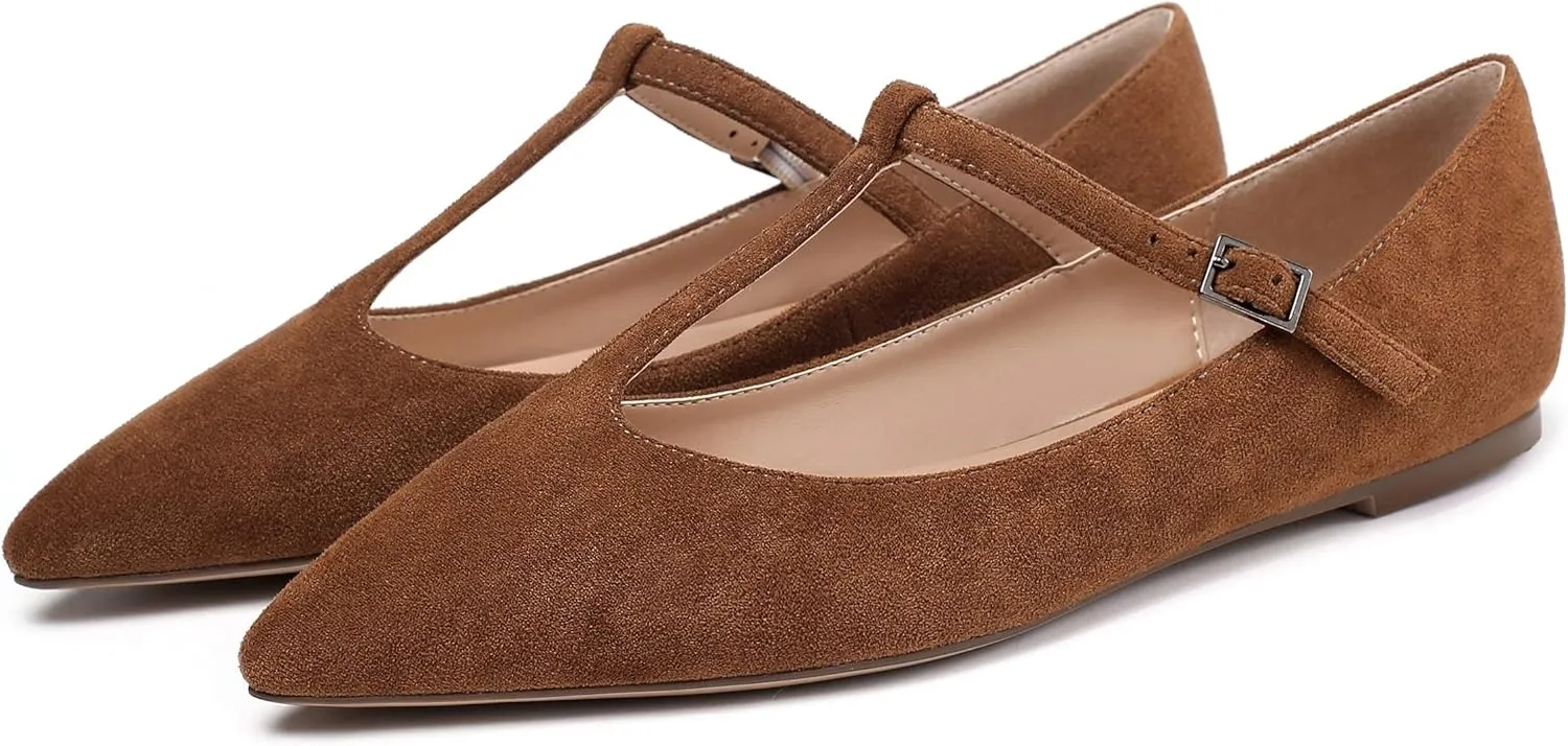 Eldof Women's Pointed Flat Pumps, T-Strap Flat Pumps, Comfortable Flat for The Office Wedding and Dress