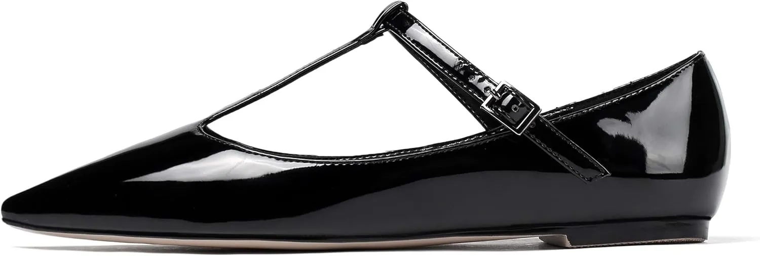 Eldof Women's Pointed Flat Pumps, T-Strap Flat Pumps, Comfortable Flat for The Office Wedding and Dress