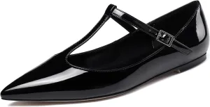 Eldof Women's Pointed Flat Pumps, T-Strap Flat Pumps, Comfortable Flat for The Office Wedding and Dress
