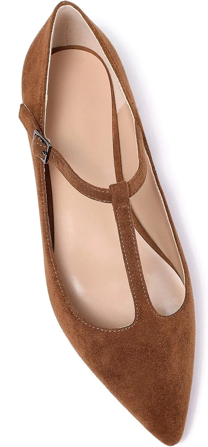 Eldof Women's Pointed Flat Pumps, T-Strap Flat Pumps, Comfortable Flat for The Office Wedding and Dress