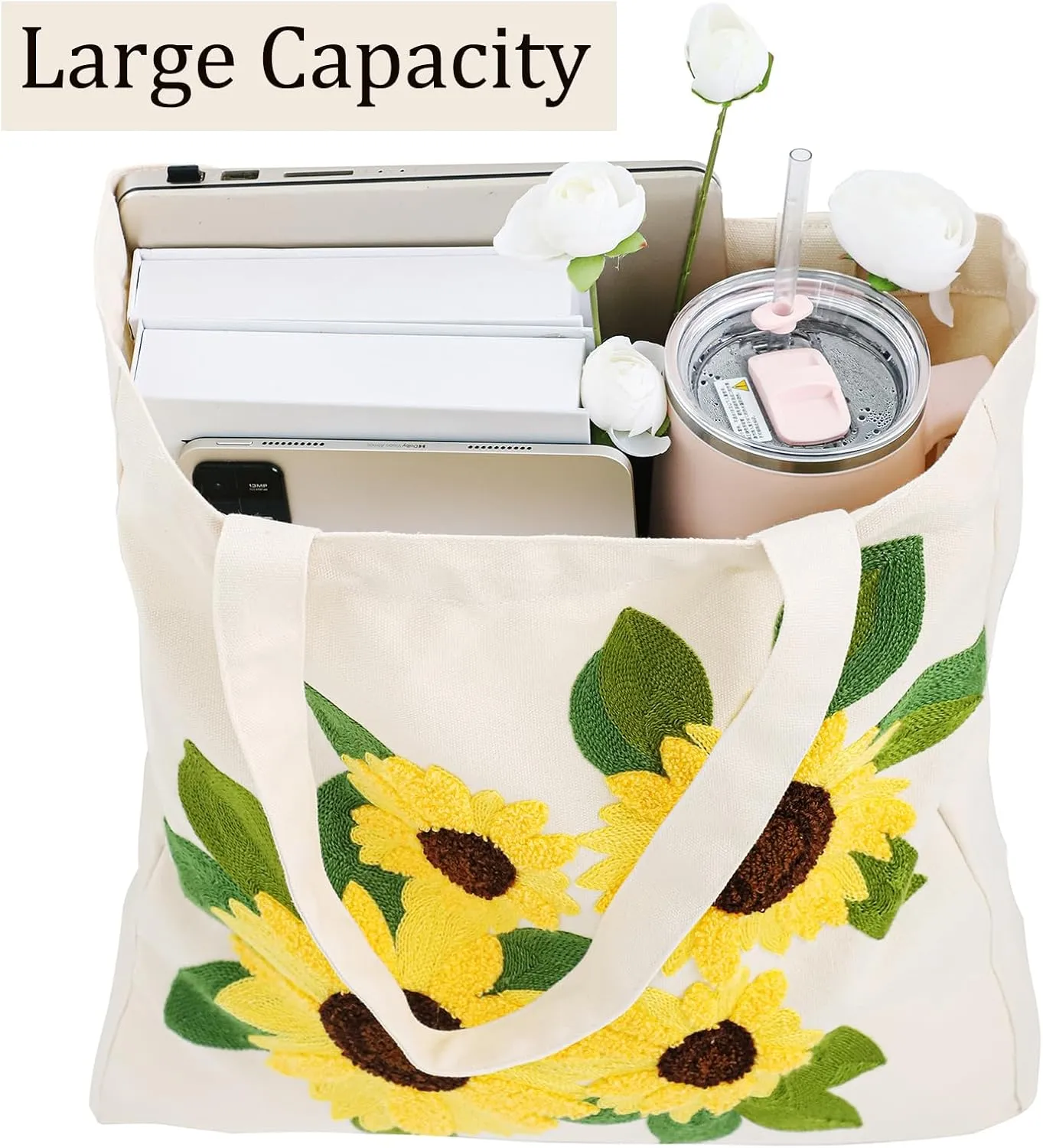 Embroidery Canvas Tote Bag for Women Reusable Cotton Shoulder Bag for Shopping Grocery Beach Book Gift Gym