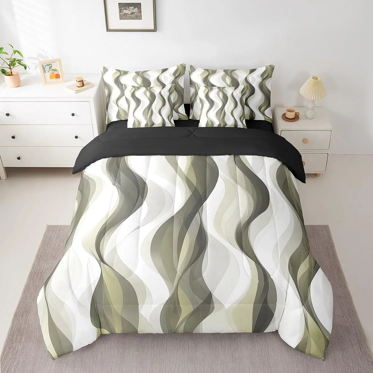 Erosebridal 7Pcs Dark Yellow Modern Abstract Comforter Set King,Graffiti Geometric Striped Bed in A Bag,Contemporary Geometry Watercolor Lines Quilt Set with Pillowcases,Mid Century Art Bedding