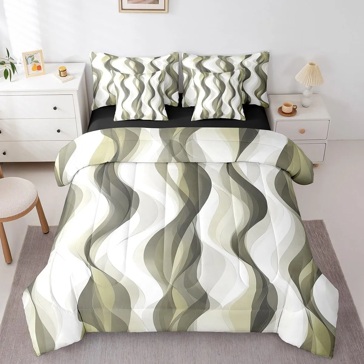 Erosebridal 7Pcs Dark Yellow Modern Abstract Comforter Set King,Graffiti Geometric Striped Bed in A Bag,Contemporary Geometry Watercolor Lines Quilt Set with Pillowcases,Mid Century Art Bedding