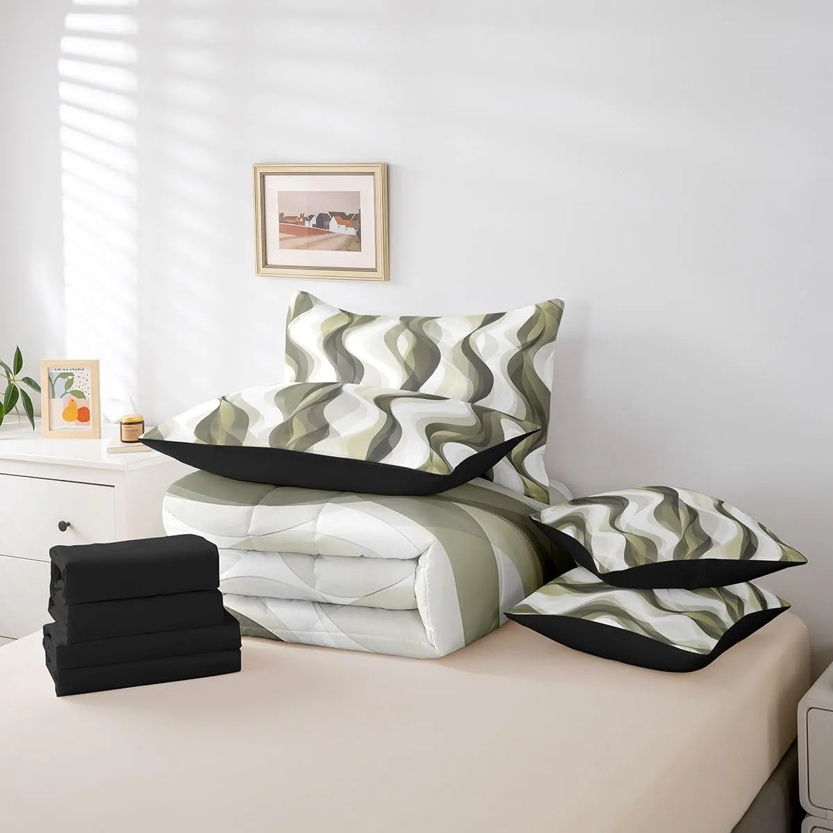 Erosebridal 7Pcs Dark Yellow Modern Abstract Comforter Set King,Graffiti Geometric Striped Bed in A Bag,Contemporary Geometry Watercolor Lines Quilt Set with Pillowcases,Mid Century Art Bedding