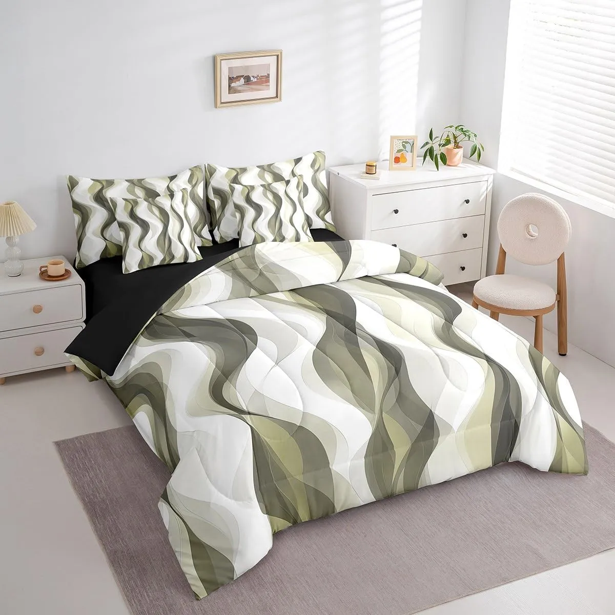 Erosebridal 7Pcs Dark Yellow Modern Abstract Comforter Set King,Graffiti Geometric Striped Bed in A Bag,Contemporary Geometry Watercolor Lines Quilt Set with Pillowcases,Mid Century Art Bedding