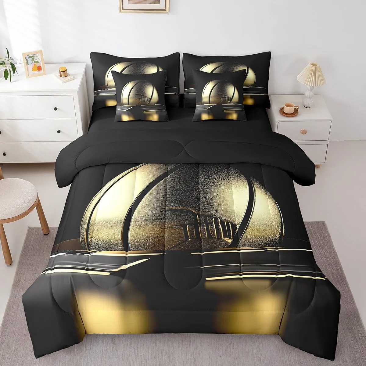 Erosebridal Boys Teens 7-Piece Comforter Set Twin Size,Gold Basketball Bed in A Bag with Flat Sheet and Fitted Sheet,3D Ball Game Court Style Bedding Set with 2 Pillowcases & 2 Throw Pillow Covers