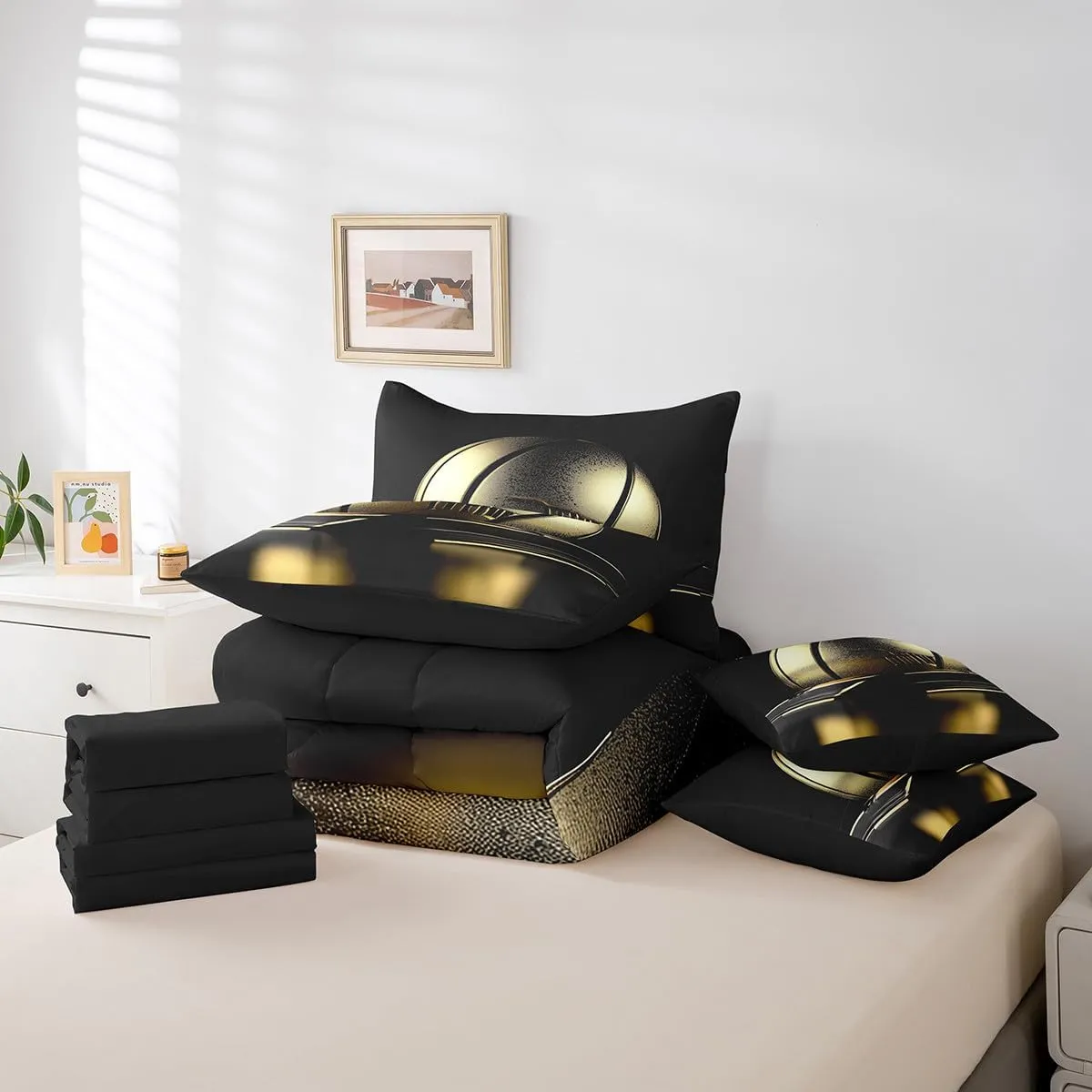 Erosebridal Boys Teens 7-Piece Comforter Set Twin Size,Gold Basketball Bed in A Bag with Flat Sheet and Fitted Sheet,3D Ball Game Court Style Bedding Set with 2 Pillowcases & 2 Throw Pillow Covers