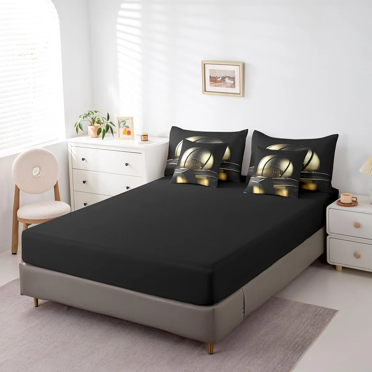 Erosebridal Boys Teens 7-Piece Comforter Set Twin Size,Gold Basketball Bed in A Bag with Flat Sheet and Fitted Sheet,3D Ball Game Court Style Bedding Set with 2 Pillowcases & 2 Throw Pillow Covers