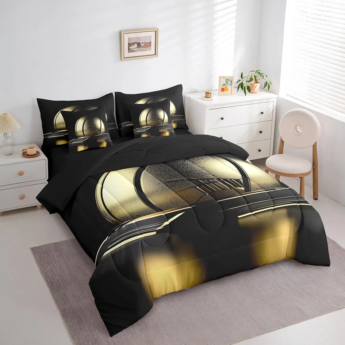 Erosebridal Boys Teens 7-Piece Comforter Set Twin Size,Gold Basketball Bed in A Bag with Flat Sheet and Fitted Sheet,3D Ball Game Court Style Bedding Set with 2 Pillowcases & 2 Throw Pillow Covers