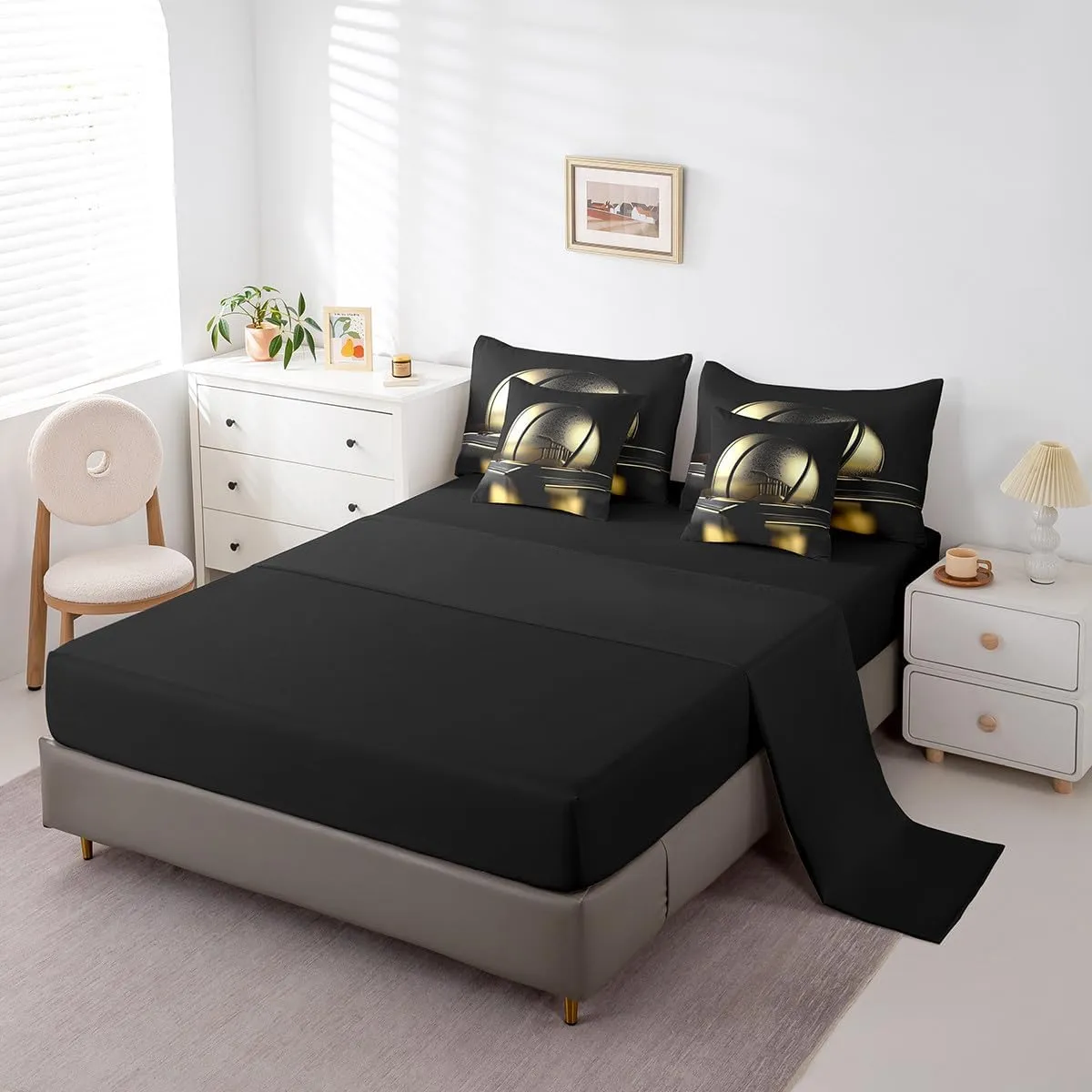 Erosebridal Boys Teens 7-Piece Comforter Set Twin Size,Gold Basketball Bed in A Bag with Flat Sheet and Fitted Sheet,3D Ball Game Court Style Bedding Set with 2 Pillowcases & 2 Throw Pillow Covers