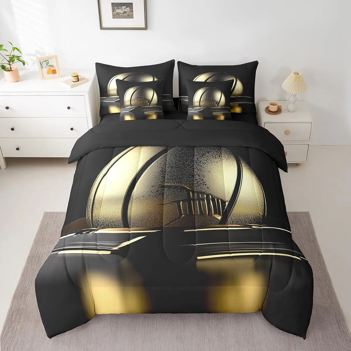 Erosebridal Boys Teens 7-Piece Comforter Set Twin Size,Gold Basketball Bed in A Bag with Flat Sheet and Fitted Sheet,3D Ball Game Court Style Bedding Set with 2 Pillowcases & 2 Throw Pillow Covers