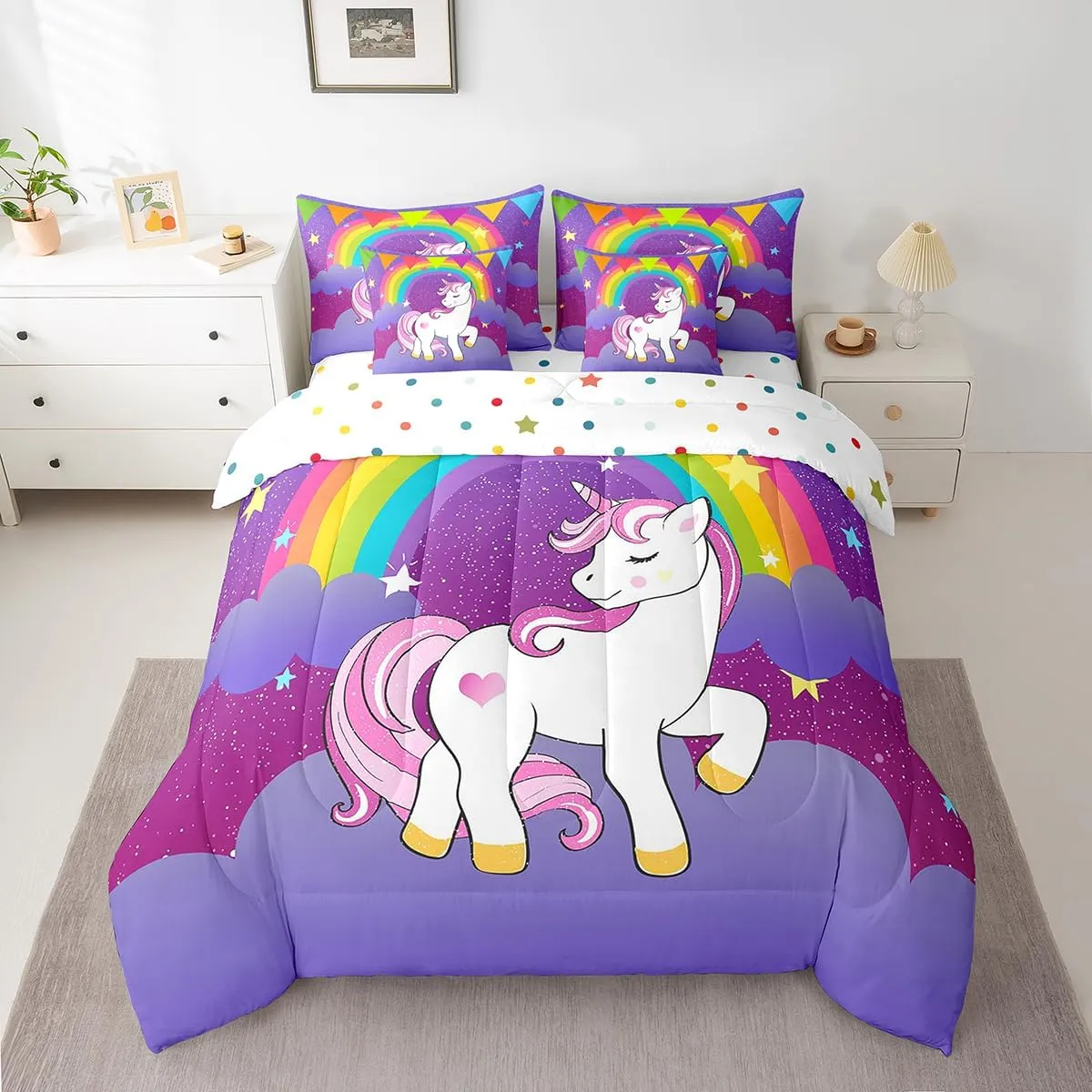 Erosebridal Girls Unicorn Bed in a Bag Queen Comforter Set 7Pcs,Cute Rainbow Unicorn Print Bedding Set Kids Cartoon Kawaii Sheets Galaxy Stars Fantasy Girls Room Decor Child Unicorn Reversible Purple