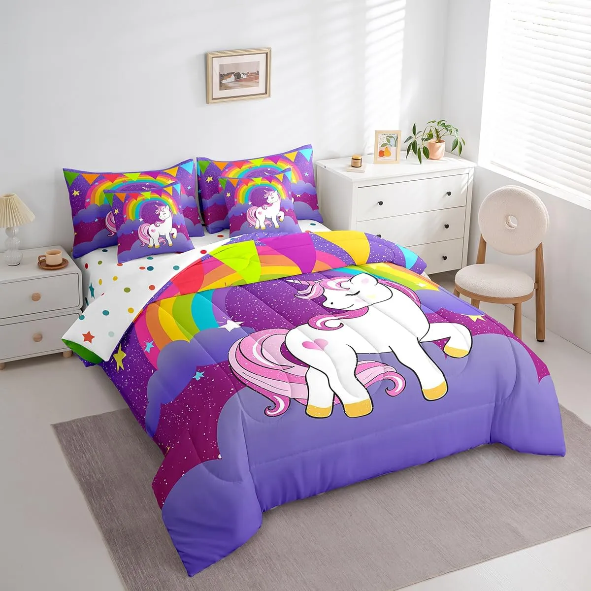 Erosebridal Girls Unicorn Bed in a Bag Queen Comforter Set 7Pcs,Cute Rainbow Unicorn Print Bedding Set Kids Cartoon Kawaii Sheets Galaxy Stars Fantasy Girls Room Decor Child Unicorn Reversible Purple