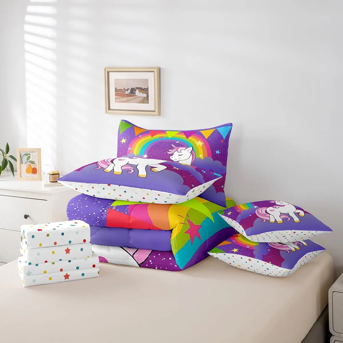 Erosebridal Girls Unicorn Bed in a Bag Queen Comforter Set 7Pcs,Cute Rainbow Unicorn Print Bedding Set Kids Cartoon Kawaii Sheets Galaxy Stars Fantasy Girls Room Decor Child Unicorn Reversible Purple
