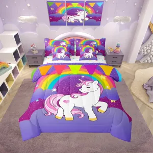 Erosebridal Girls Unicorn Bed in a Bag Queen Comforter Set 7Pcs,Cute Rainbow Unicorn Print Bedding Set Kids Cartoon Kawaii Sheets Galaxy Stars Fantasy Girls Room Decor Child Unicorn Reversible Purple