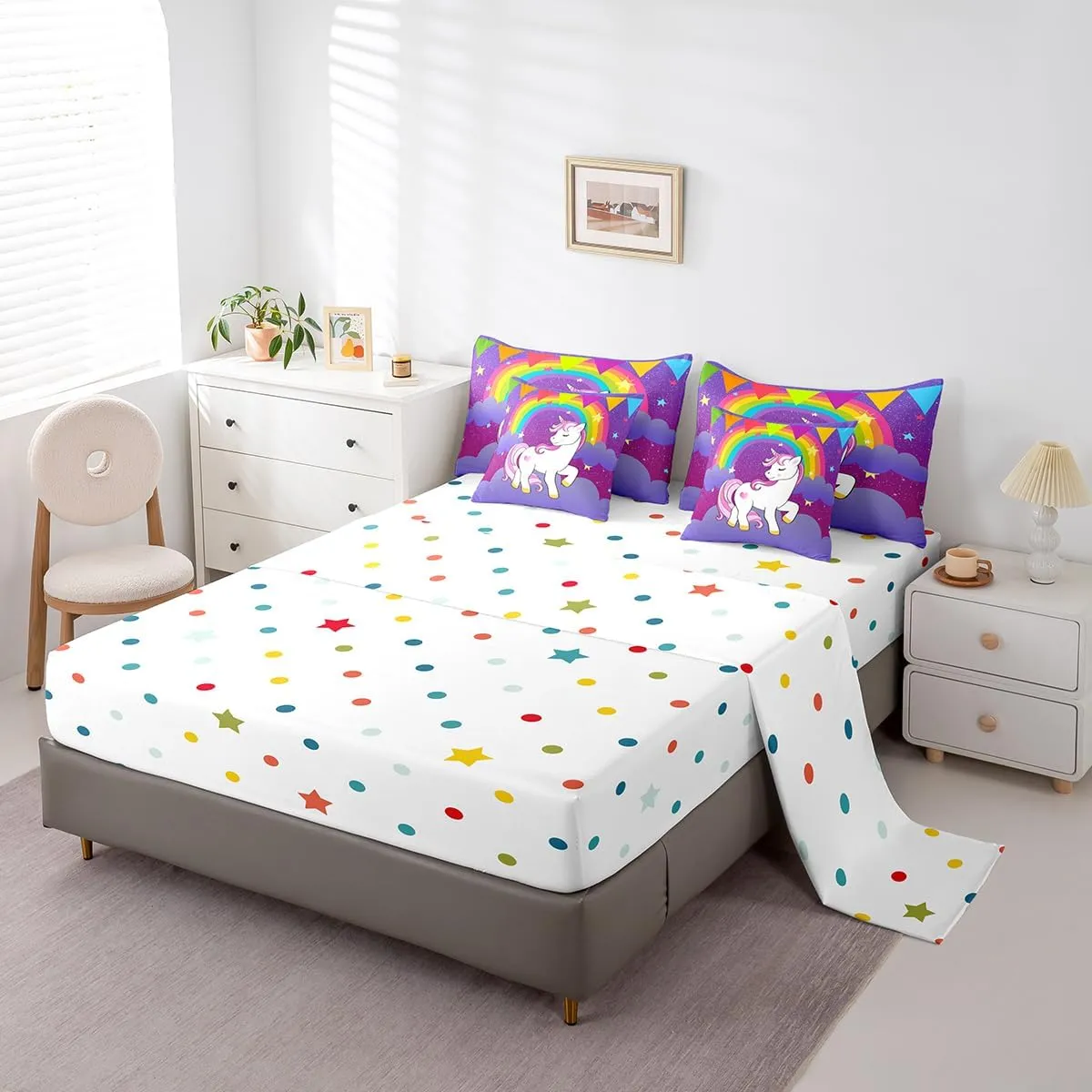 Erosebridal Girls Unicorn Bed in a Bag Queen Comforter Set 7Pcs,Cute Rainbow Unicorn Print Bedding Set Kids Cartoon Kawaii Sheets Galaxy Stars Fantasy Girls Room Decor Child Unicorn Reversible Purple