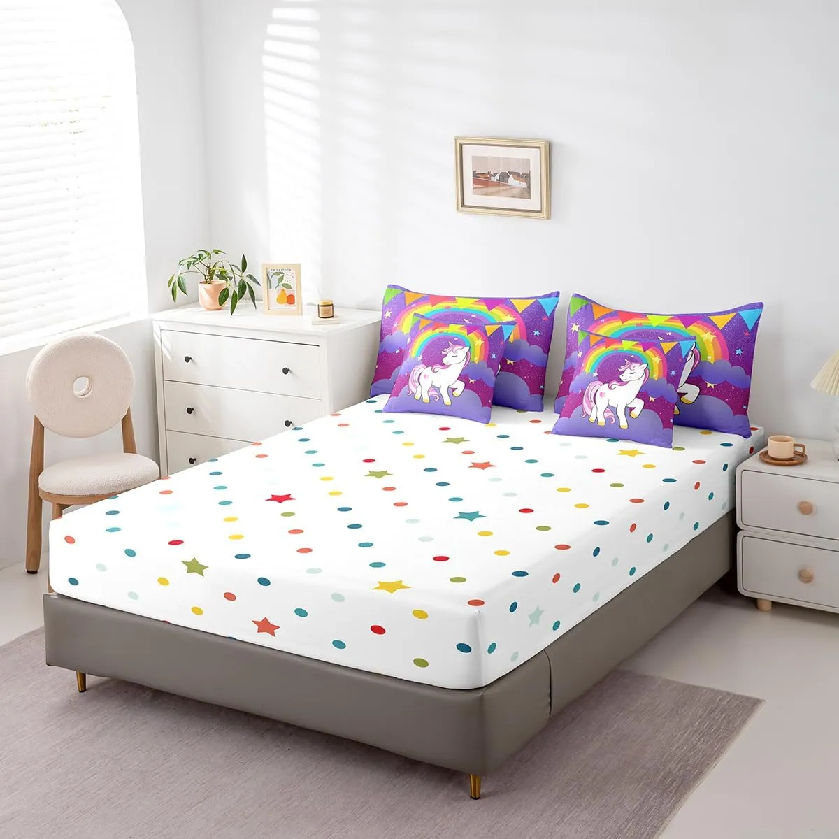 Erosebridal Girls Unicorn Bed in a Bag Queen Comforter Set 7Pcs,Cute Rainbow Unicorn Print Bedding Set Kids Cartoon Kawaii Sheets Galaxy Stars Fantasy Girls Room Decor Child Unicorn Reversible Purple