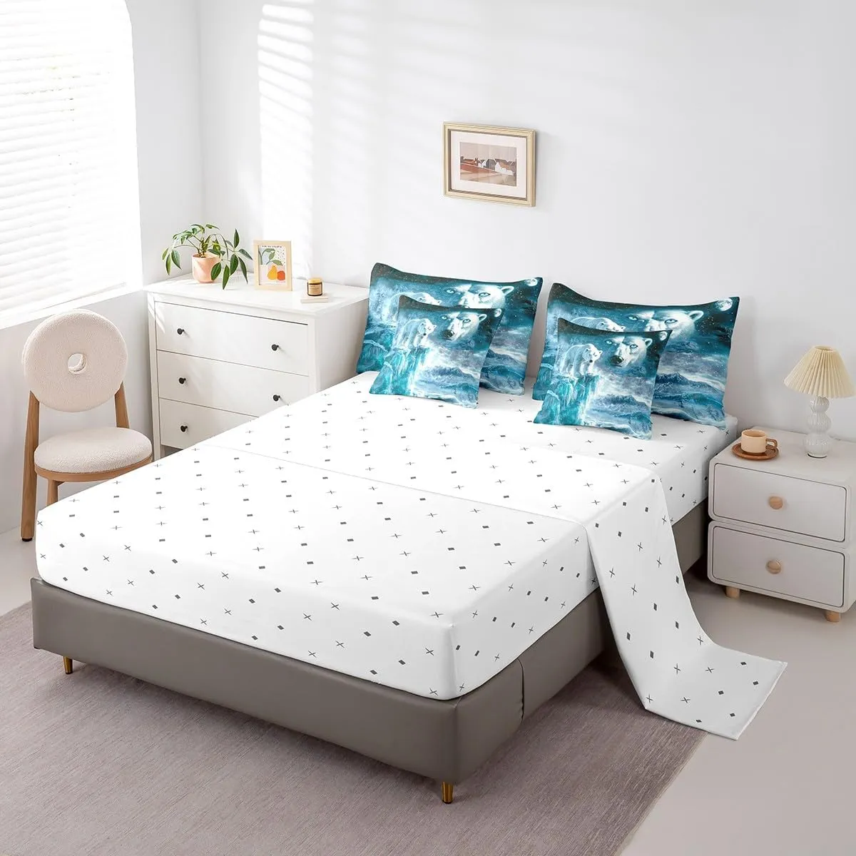 Erosebridal Polar Bear Bedding Set King Arctic Animals Comforter Set Iceberg Landscape (Comforter Fitted Flat Sheet 2 Pillowcases 2 Throw Pillow Covers) 7 Pieces Blue Eyes Winter Bed Set