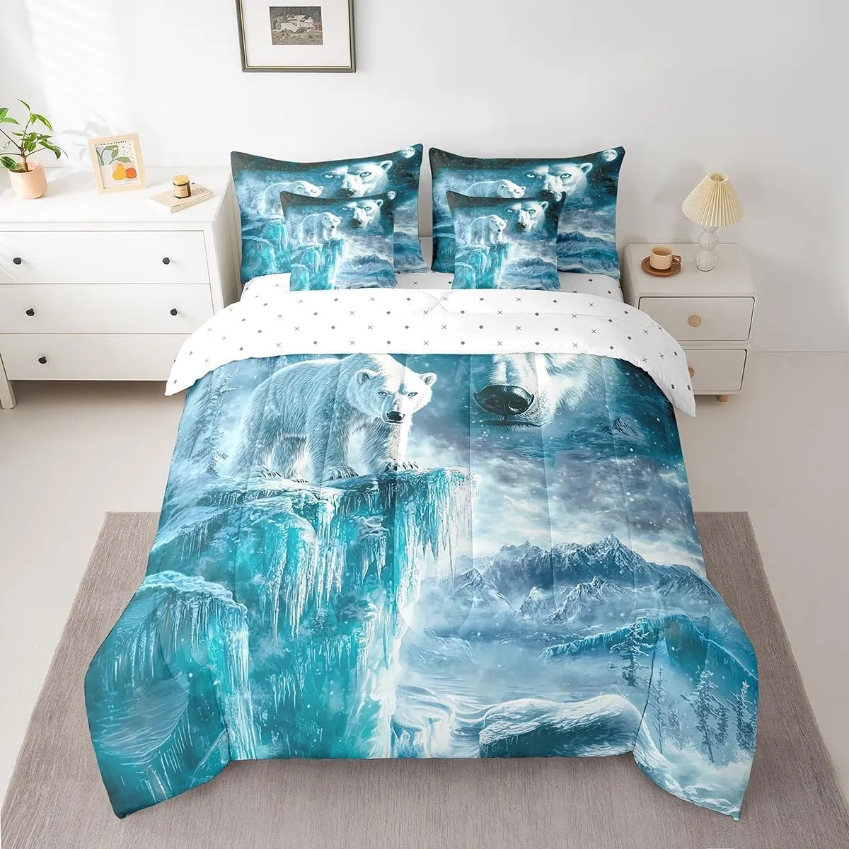 Erosebridal Polar Bear Bedding Set King Arctic Animals Comforter Set Iceberg Landscape (Comforter Fitted Flat Sheet 2 Pillowcases 2 Throw Pillow Covers) 7 Pieces Blue Eyes Winter Bed Set