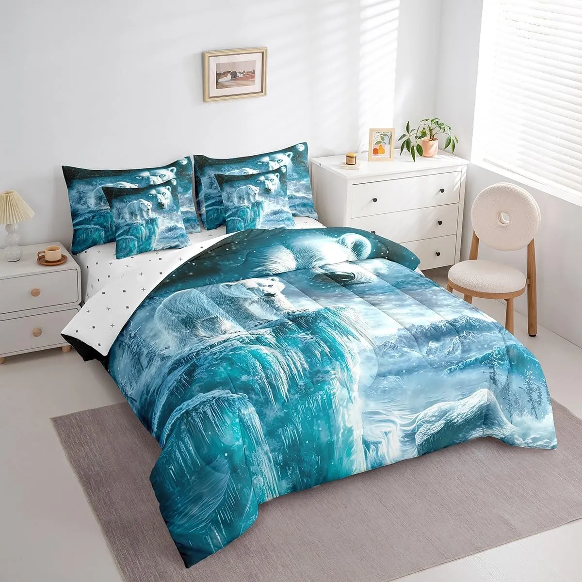 Erosebridal Polar Bear Bedding Set King Arctic Animals Comforter Set Iceberg Landscape (Comforter Fitted Flat Sheet 2 Pillowcases 2 Throw Pillow Covers) 7 Pieces Blue Eyes Winter Bed Set