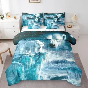 Erosebridal Polar Bear Bedding Set King Arctic Animals Comforter Set Iceberg Landscape (Comforter Fitted Flat Sheet 2 Pillowcases 2 Throw Pillow Covers) 7 Pieces Blue Eyes Winter Bed Set