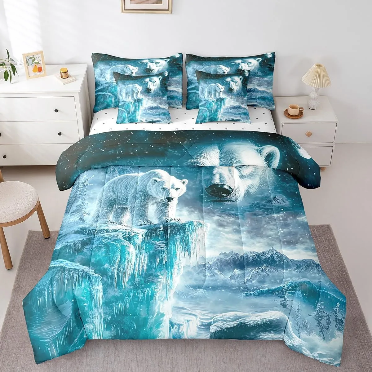 Erosebridal Polar Bear Bedding Set King Arctic Animals Comforter Set Iceberg Landscape (Comforter Fitted Flat Sheet 2 Pillowcases 2 Throw Pillow Covers) 7 Pieces Blue Eyes Winter Bed Set