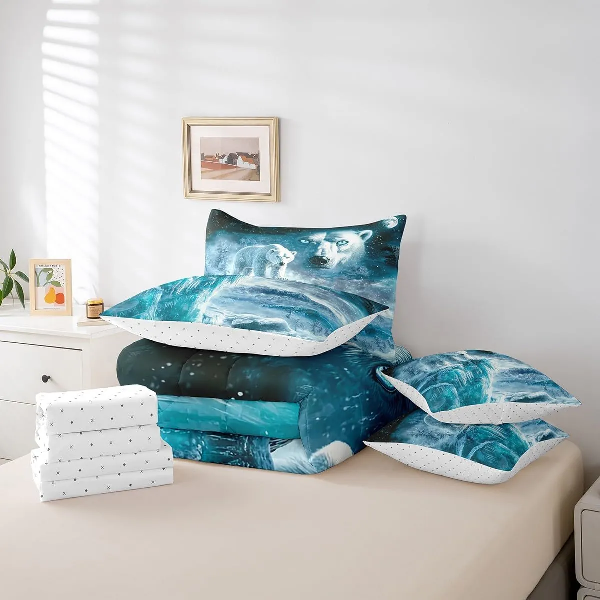 Erosebridal Polar Bear Bedding Set King Arctic Animals Comforter Set Iceberg Landscape (Comforter Fitted Flat Sheet 2 Pillowcases 2 Throw Pillow Covers) 7 Pieces Blue Eyes Winter Bed Set