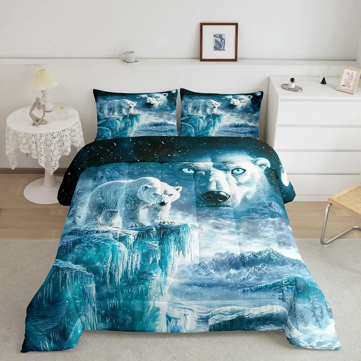 Erosebridal Polar Bear Bedding Set King Arctic Animals Comforter Set Iceberg Landscape (Comforter Fitted Flat Sheet 2 Pillowcases 2 Throw Pillow Covers) 7 Pieces Blue Eyes Winter Bed Set