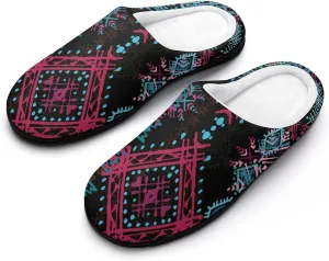 Ethnic Boho Pattern Cotton Slippers with Non Slip Rubber Soles Winter House Shoes Washable for Indoor Outdoor