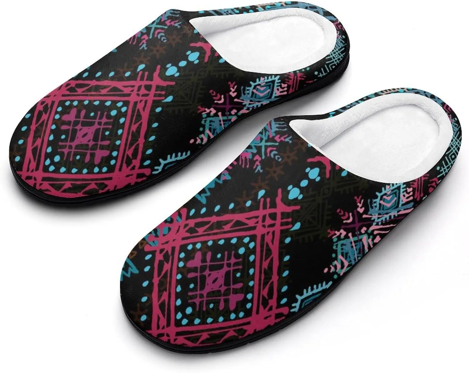 Ethnic Boho Pattern Cotton Slippers with Non Slip Rubber Soles Winter House Shoes Washable for Indoor Outdoor
