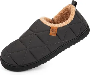 FamilyFairy Mens Warm Slippers Quilted Nylon Memory Foam House Shoes Indoor Outdoor with Non-Slip Sole