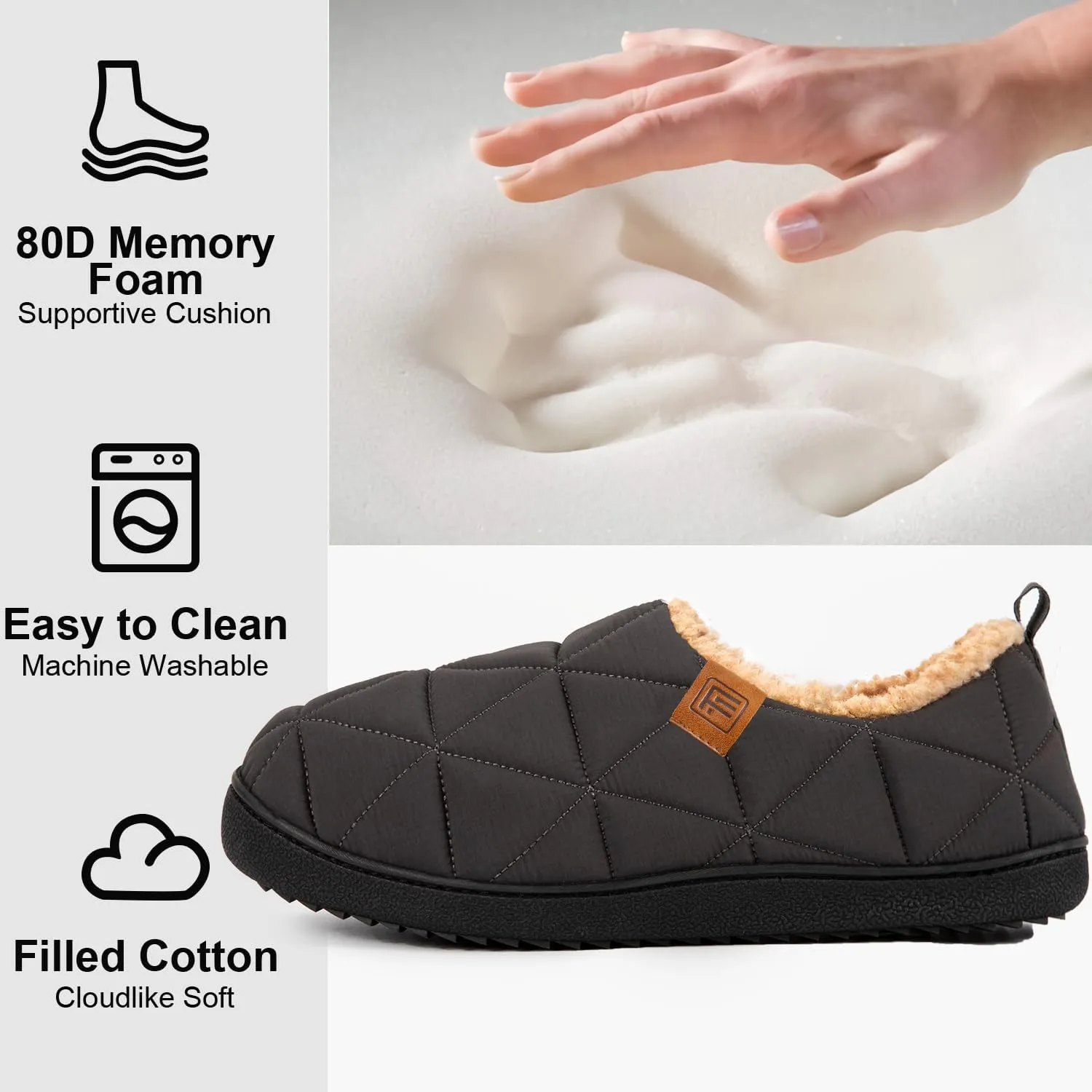 FamilyFairy Mens Warm Slippers Quilted Nylon Memory Foam House Shoes Indoor Outdoor with Non-Slip Sole