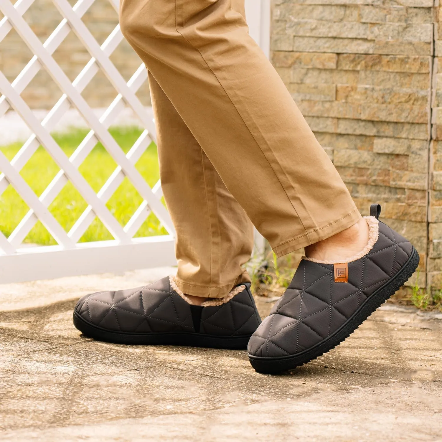FamilyFairy Mens Warm Slippers Quilted Nylon Memory Foam House Shoes Indoor Outdoor with Non-Slip Sole