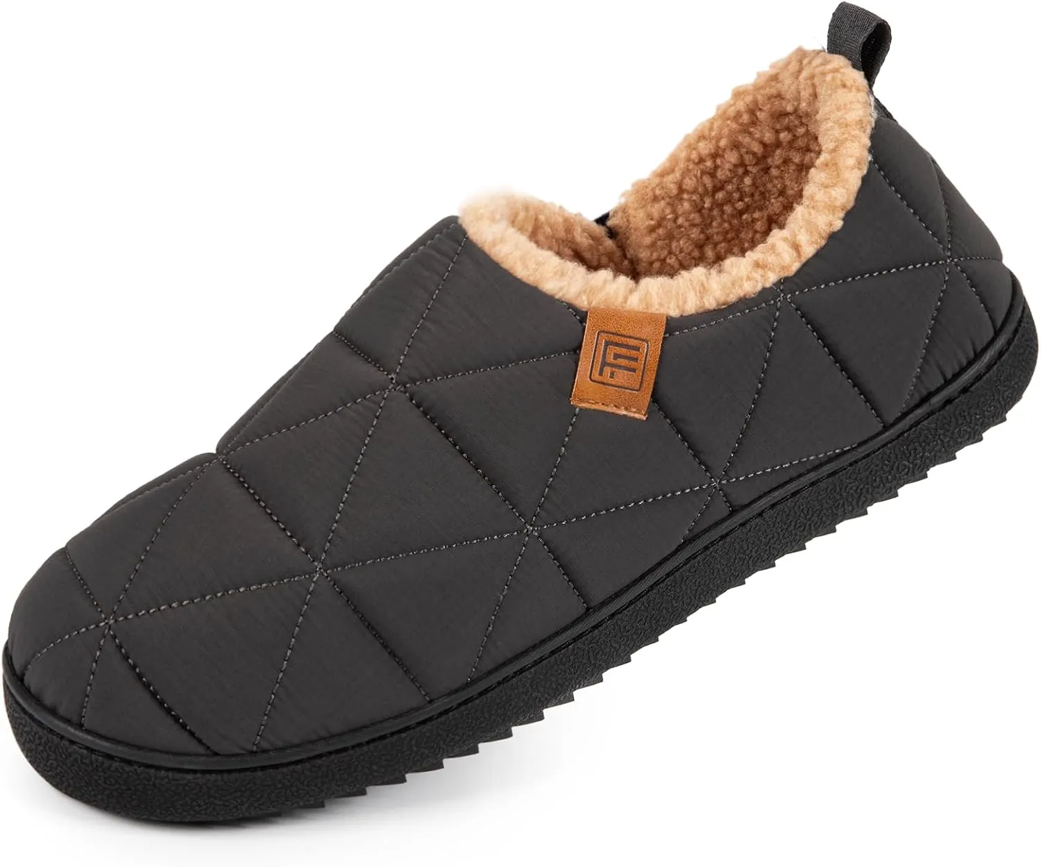 FamilyFairy Mens Warm Slippers Quilted Nylon Memory Foam House Shoes Indoor Outdoor with Non-Slip Sole