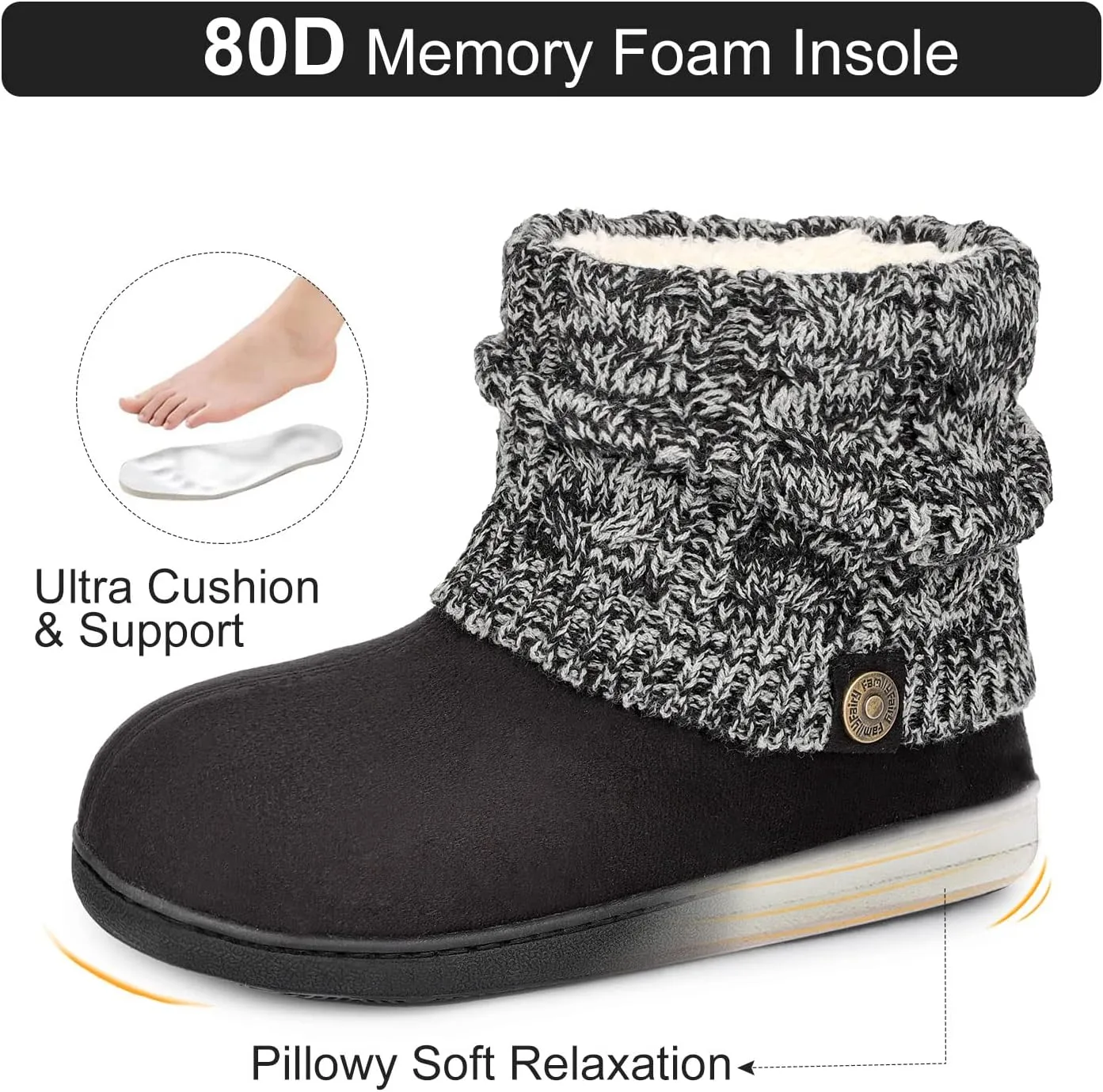 FamilyFairy Women's Woolen Yarn Knit Bootie Slippers Comfy Warm Plush Fleece Memory Foam House Shoes for Indoor Outdoor