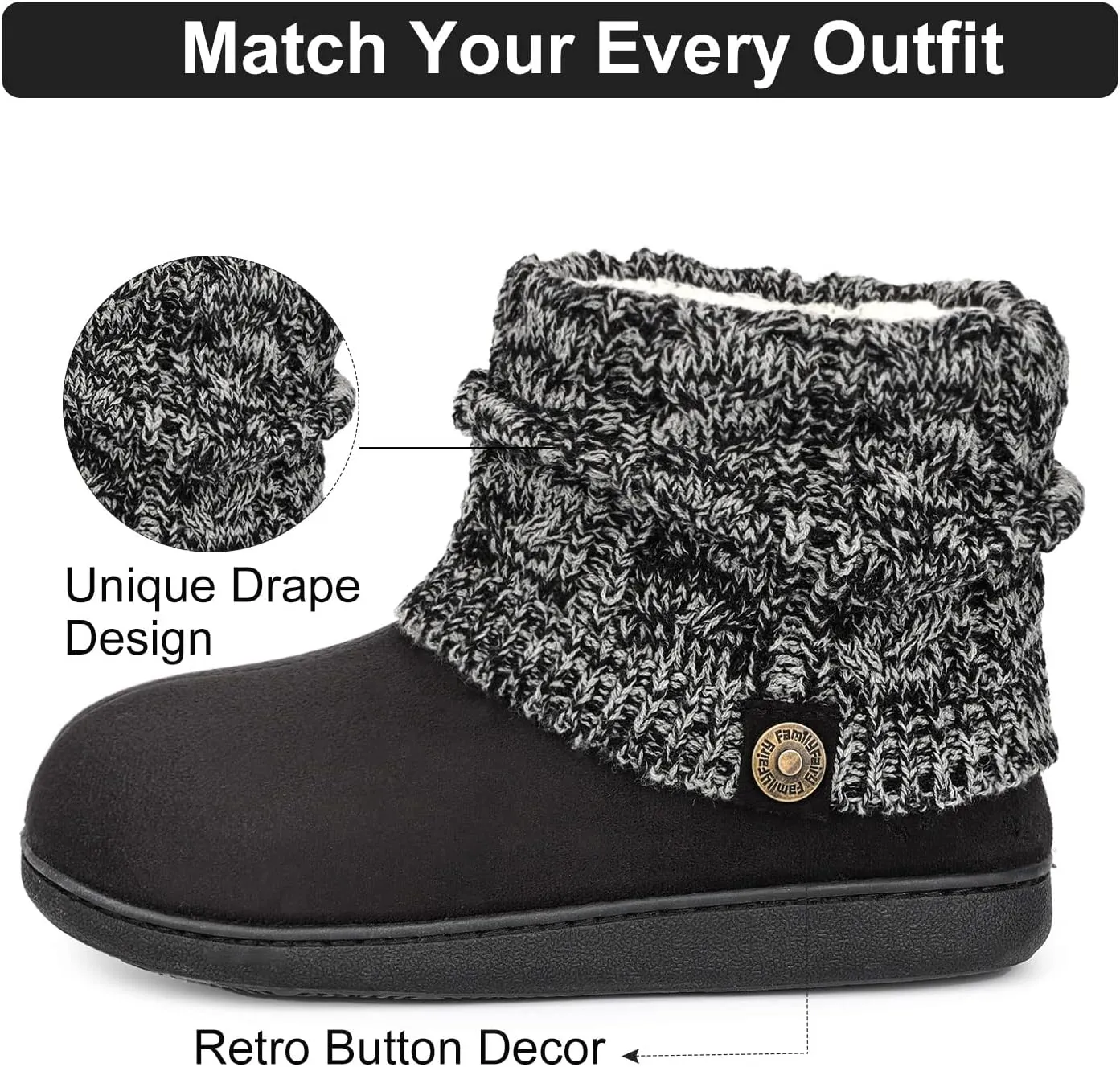 FamilyFairy Women's Woolen Yarn Knit Bootie Slippers Comfy Warm Plush Fleece Memory Foam House Shoes for Indoor Outdoor