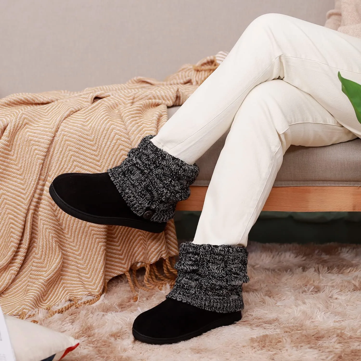 FamilyFairy Women's Woolen Yarn Knit Bootie Slippers Comfy Warm Plush Fleece Memory Foam House Shoes for Indoor Outdoor